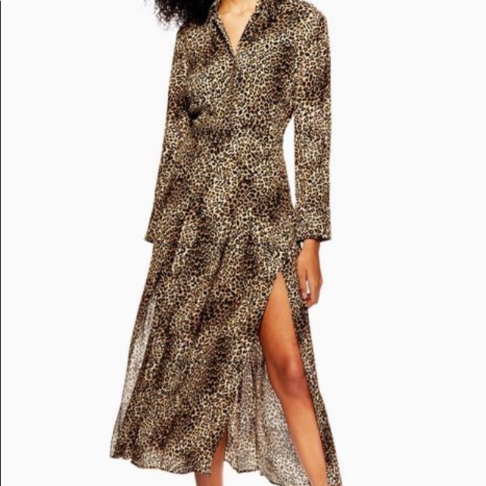 Topshop Animal Print Pleated Midi Shirt Dress sz 6